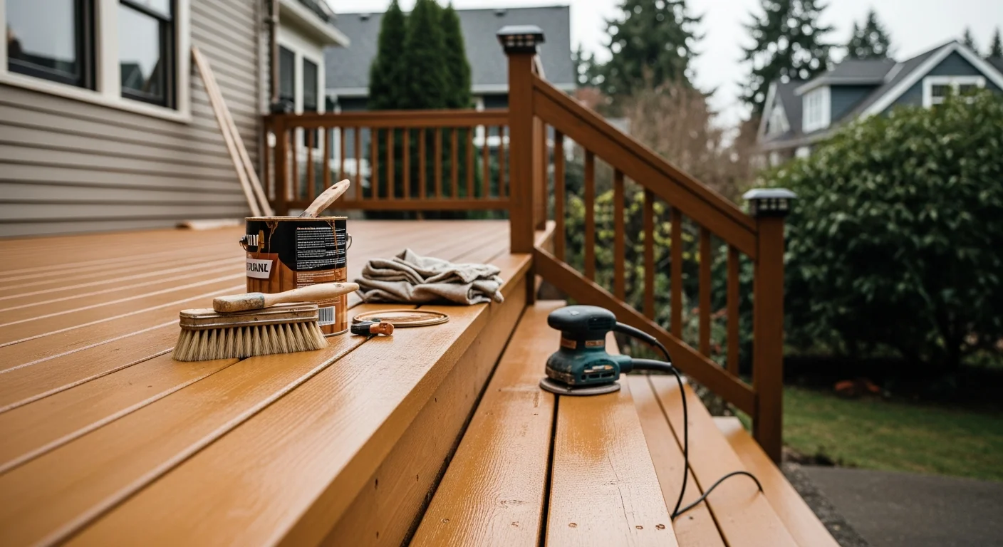 Refinished exterior wood deck with natural stain