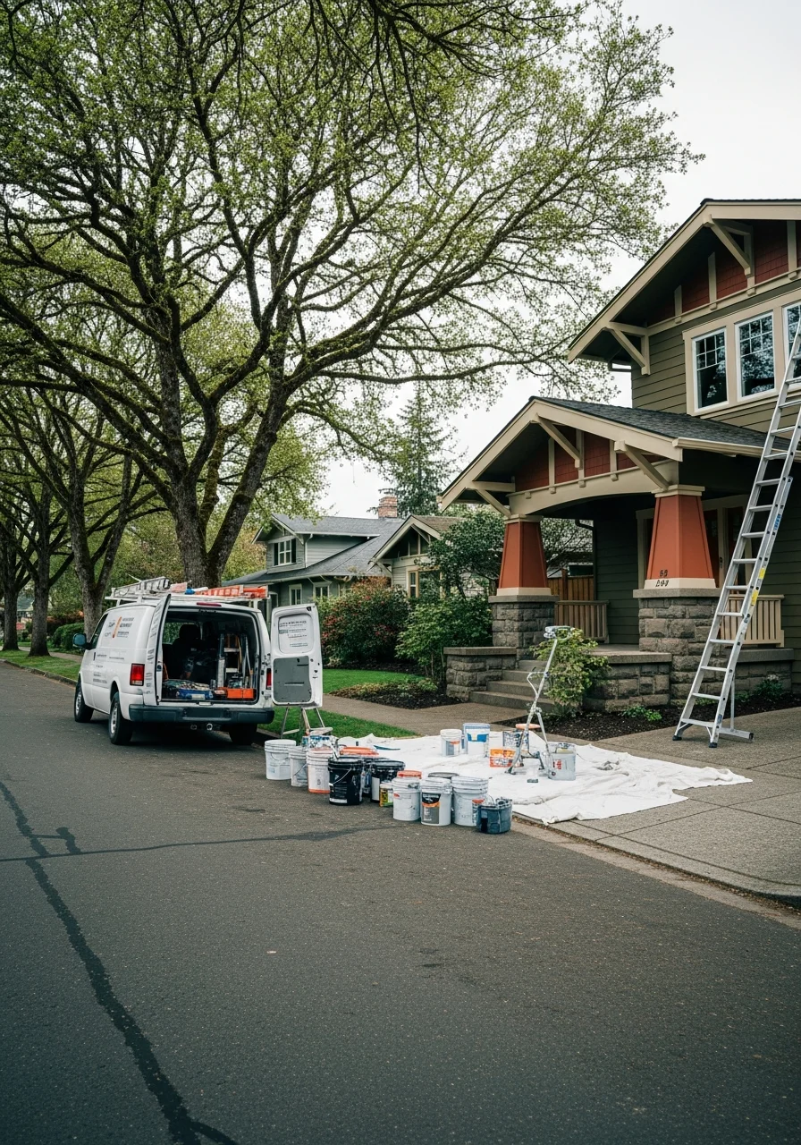 Uniformed technician standing in front of a Beaverton home with a service vehicle parked nearby.