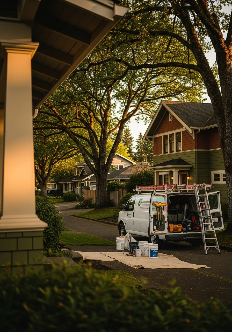 Technician in professional uniform standing in front of a Hillsboro home with service vehicle nearby.