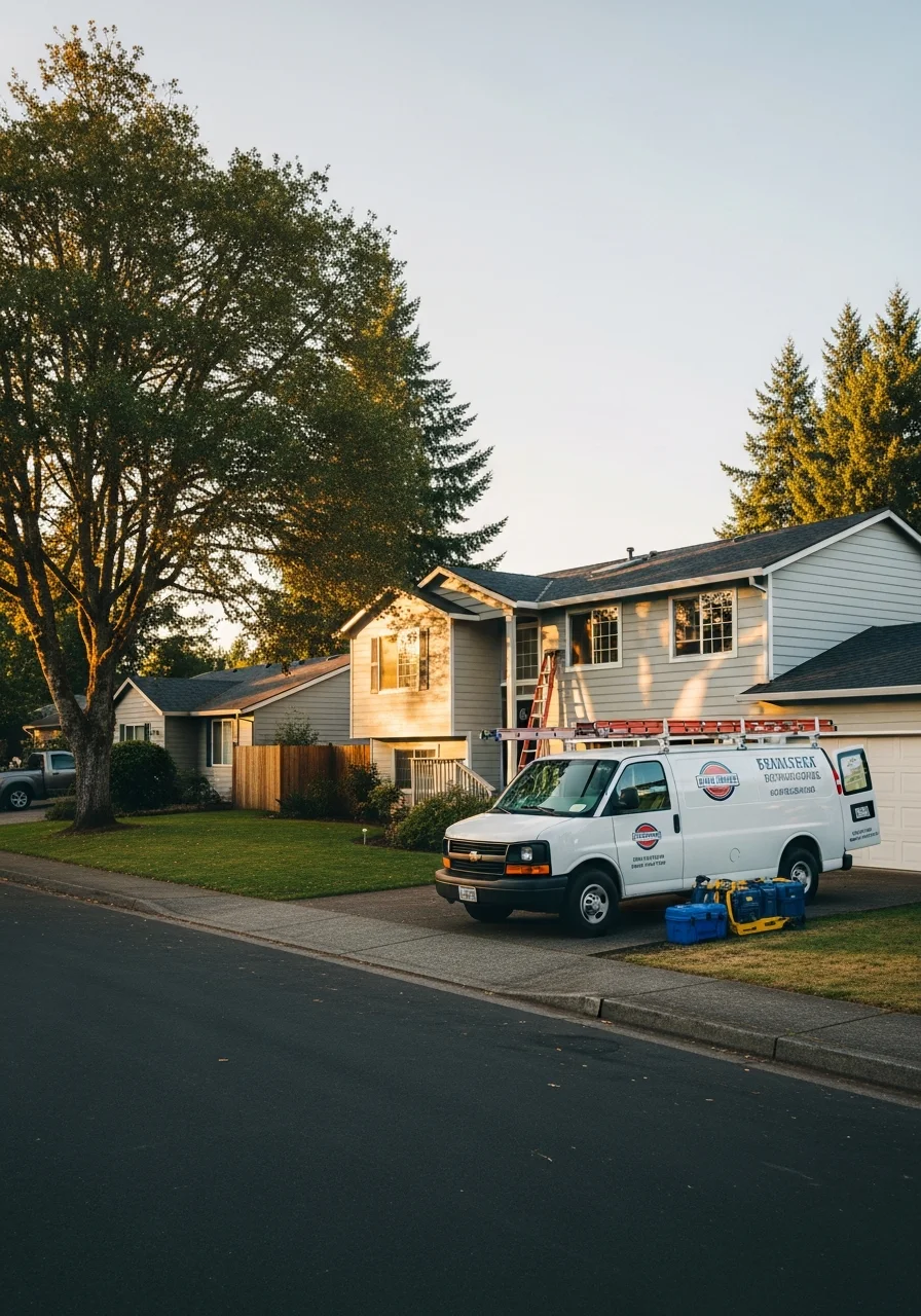Technician in uniform standing in front of a North Plains home with a service vehicle visible in the driveway.