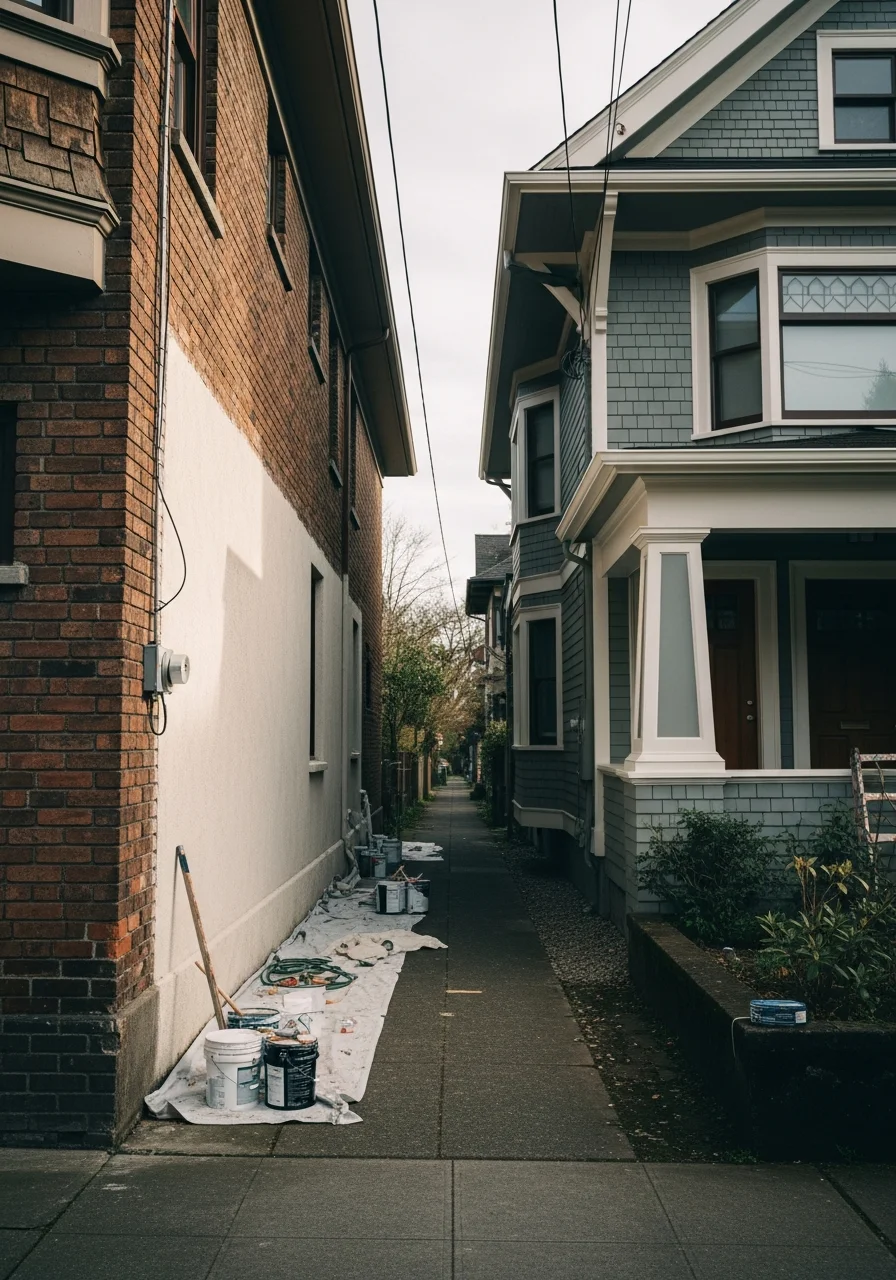 Service professional standing on a narrow Portland street with a historic Craftsman-style home in the background.