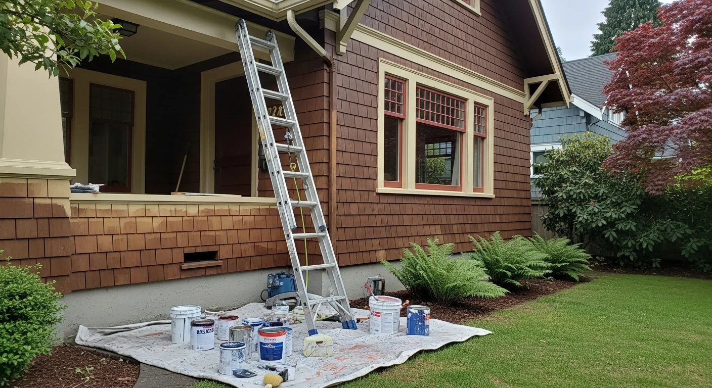 Skilled technician working on the exterior of a historic Northwest Portland home with period-appropriate details.