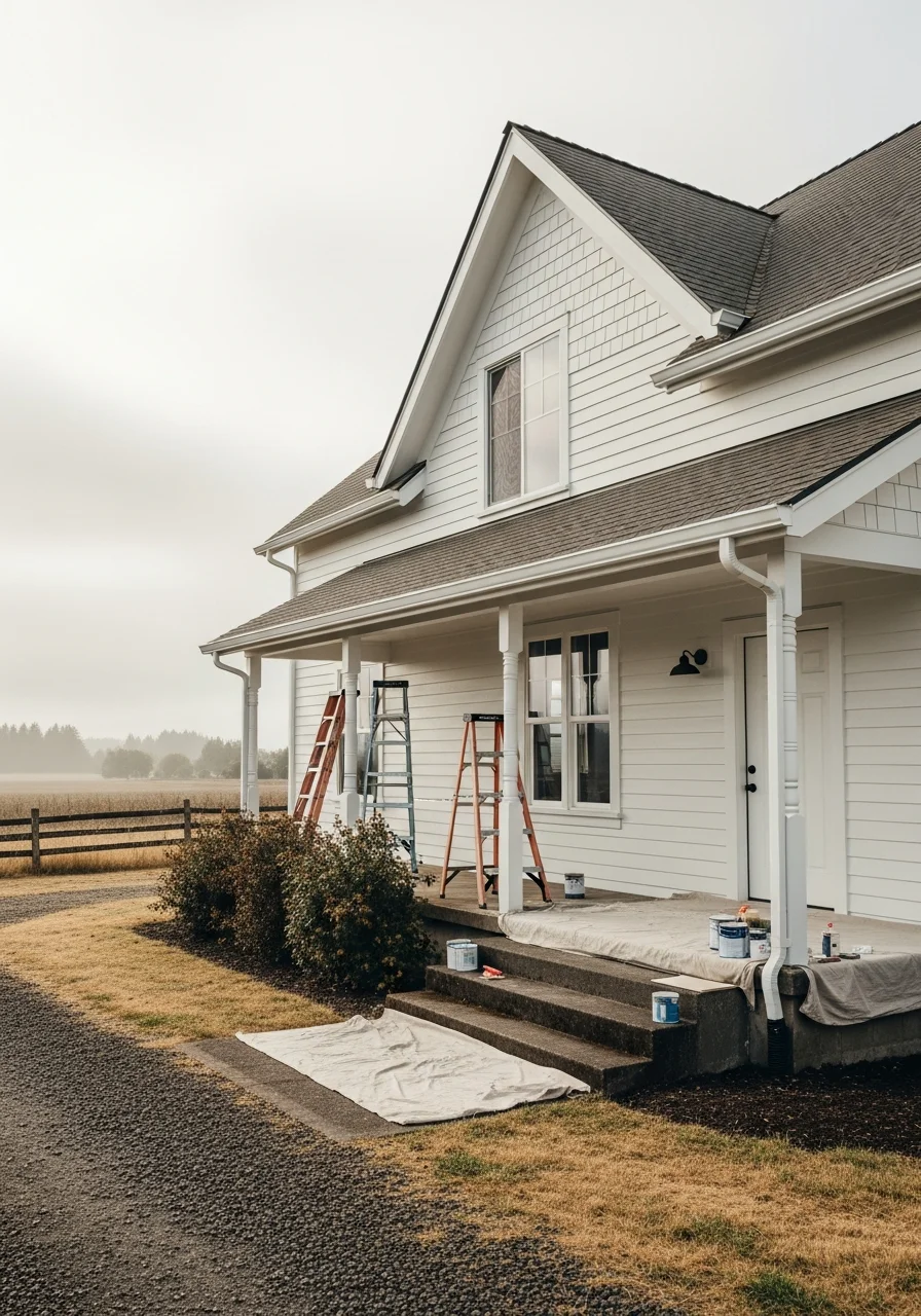 Technician standing in front of a country-style Yamhill home with open property and rural setting.