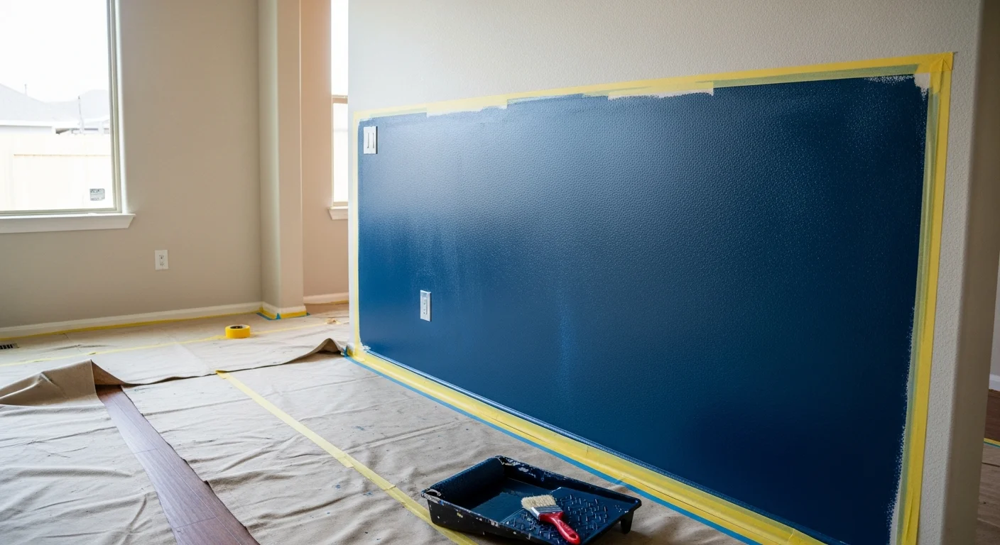 A freshly painted deep charcoal accent wall in the living room of a ranch-style home in North Plains, Oregon. Clean paint lines frame a light-colored adjacent wall, with natural light coming through a side window.