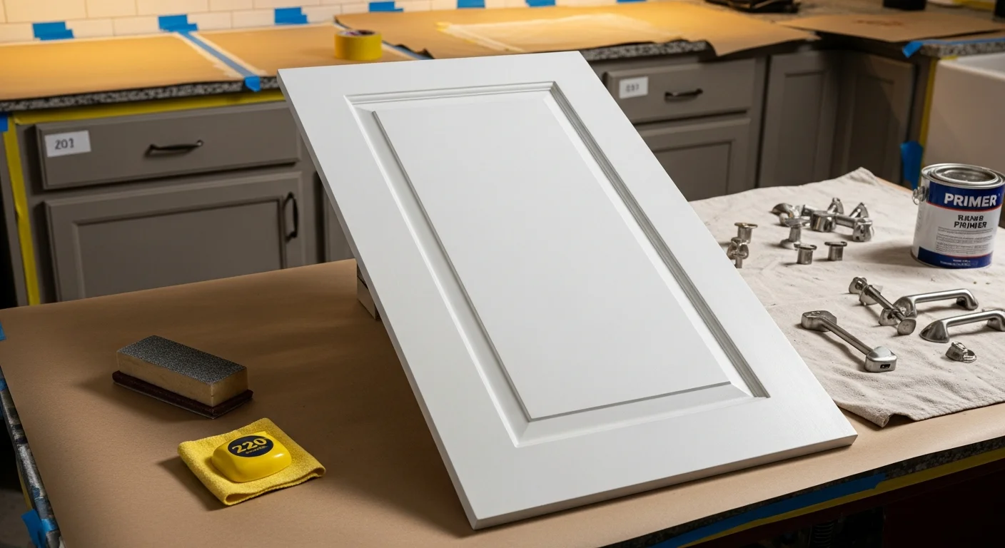 Freshly refinished white kitchen cabinets in a North Plains, OR home, showing smooth painted doors, clean drawer fronts, and reattached hardware after professional refinishing by My Paint Experts.