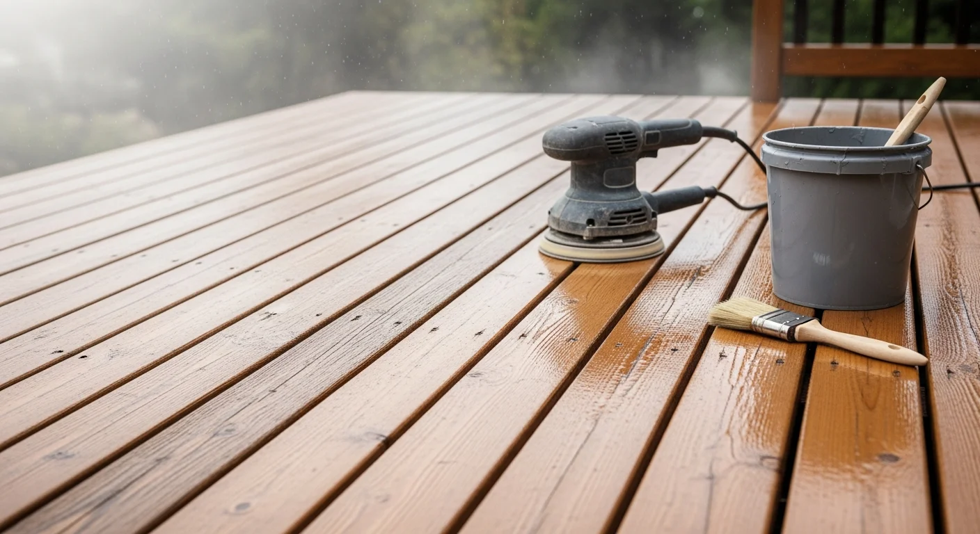 A freshly refinished wood deck on a North Plains, Oregon home, showing clean, evenly stained boards with no peeling or gray weathering. The restored surface contrasts with the surrounding mature trees typical of the North Plains area.
