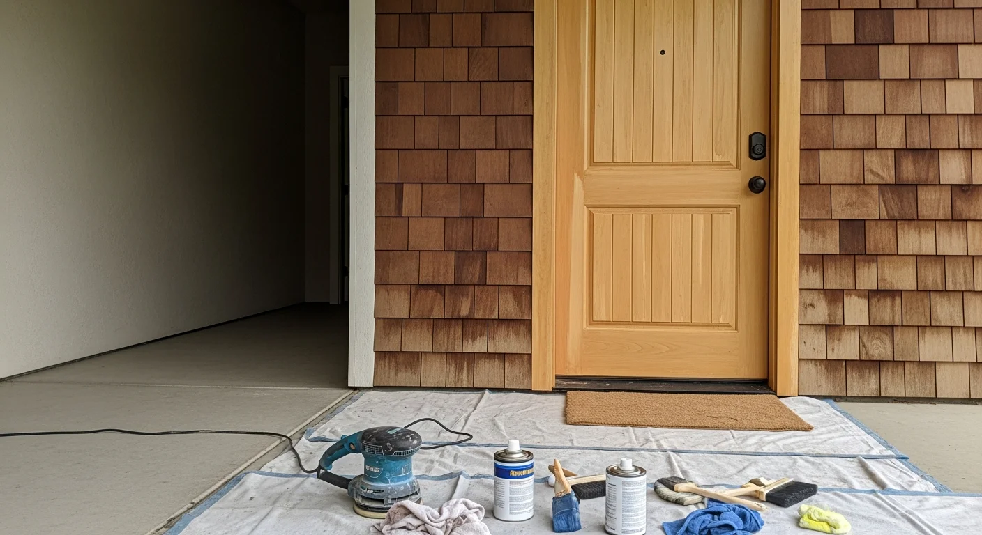 A refinished wood front door on a ranch-style home in North Plains, Oregon, showing an even, freshly coated surface with no peeling or gray weathering. The door is set against a covered entry typical of homes in the Tualatin Valley area.
