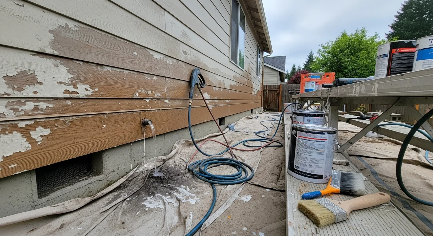 A freshly painted single-family home exterior in North Plains, Oregon, with clean siding and bright trim visible against a cloudy Pacific Northwest sky. A house painter applies a topcoat to wood siding on the front elevation of a residential property in North Plains.