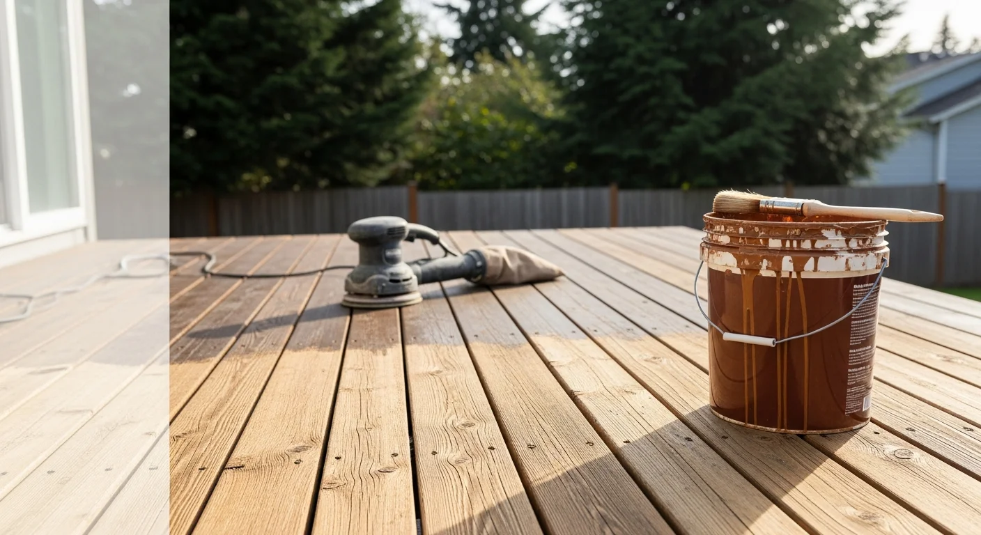 A freshly stripped and restained wood deck on a residential property in North Plains, Oregon, showing even stain color across clean, smooth boards. A wood fence in the background shows the same restored finish against a typical Pacific Northwest overcast sky.