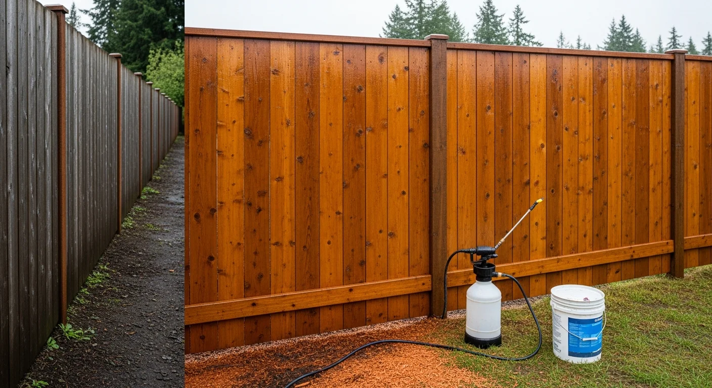 A wood privacy fence in North Plains, Oregon after professional staining by My Paint Experts, showing even, rich color across all boards. The fence runs along a residential yard with green grass visible in the foreground.