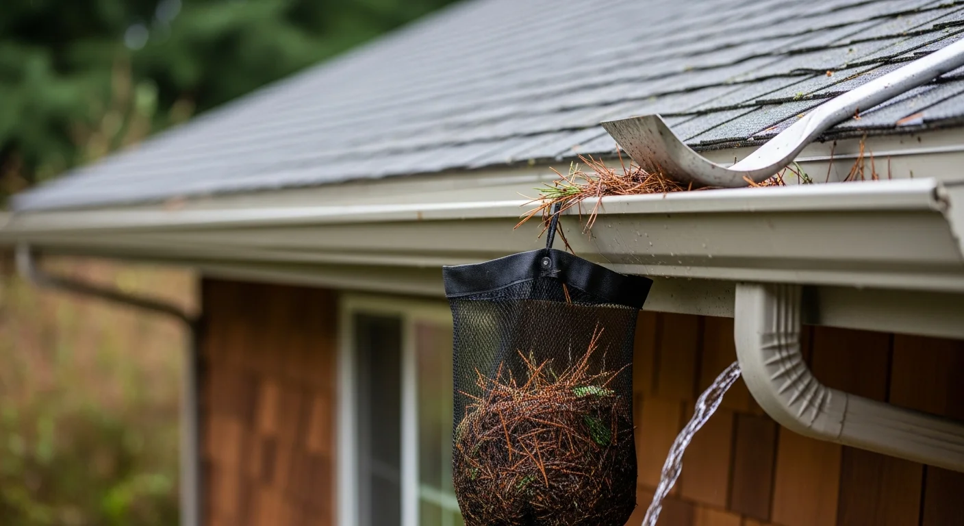 A technician from My Paint Experts removing pine needles and leaf debris from a residential gutter on a home in North Plains, OR. The cleaned gutter channel shows clear, unobstructed drainage along the roofline.