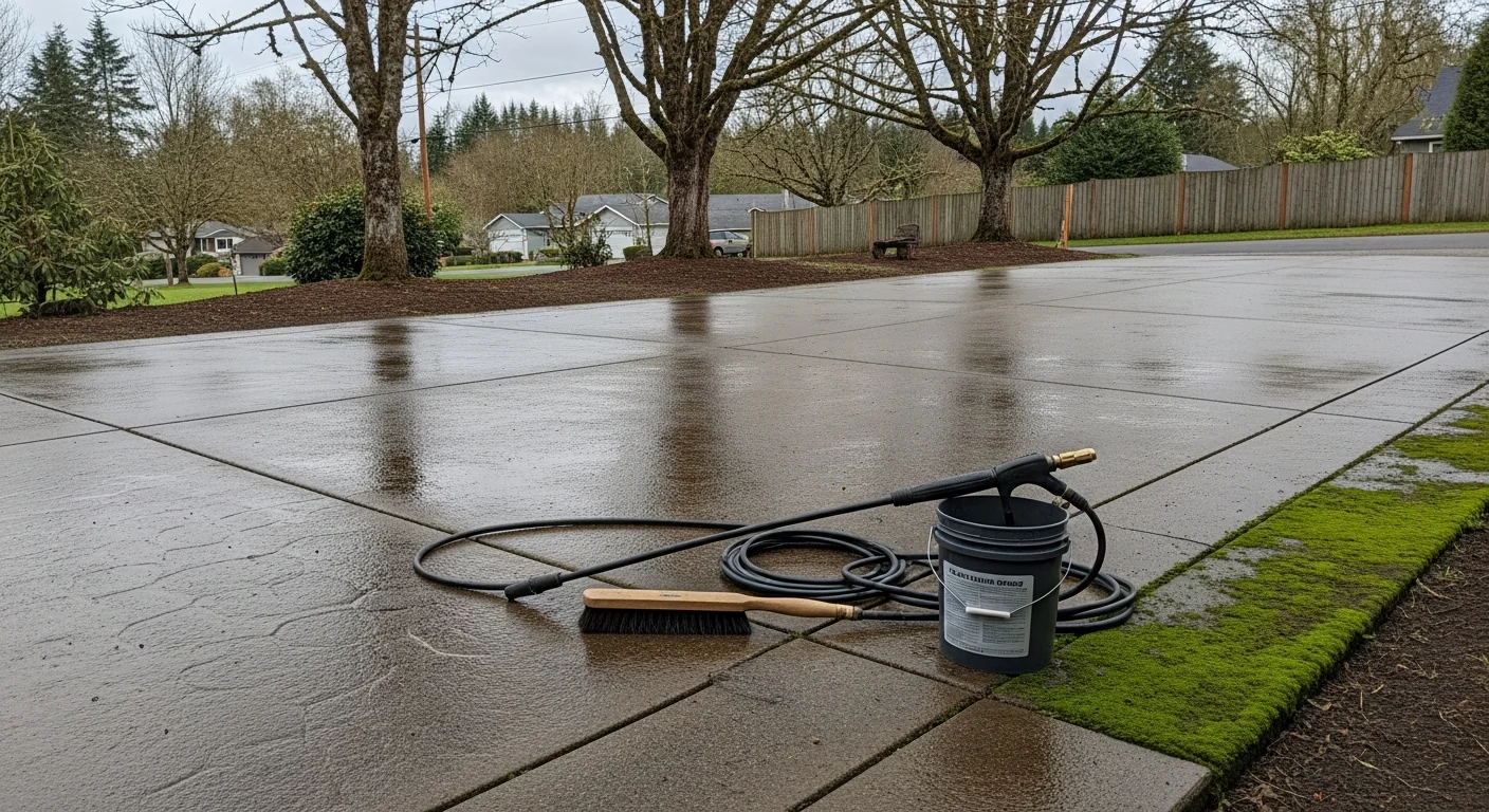 A North Plains Oregon home exterior showing a treated roof with moss removed from asphalt shingles and a clean concrete driveway below. My Paint Experts technician works on the surface using low-pressure cleaning equipment suited for residential exterior surfaces.