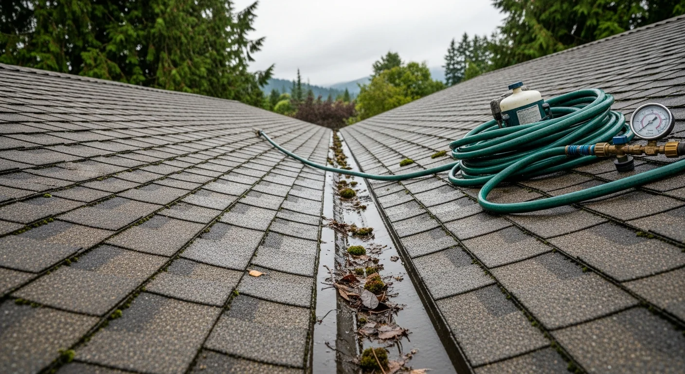 A North Plains residential roof before and after professional soft wash cleaning, showing green moss and dark algae streaks removed from asphalt shingles. The cleaned surface reveals the original shingle color with no visible organic growth remaining.