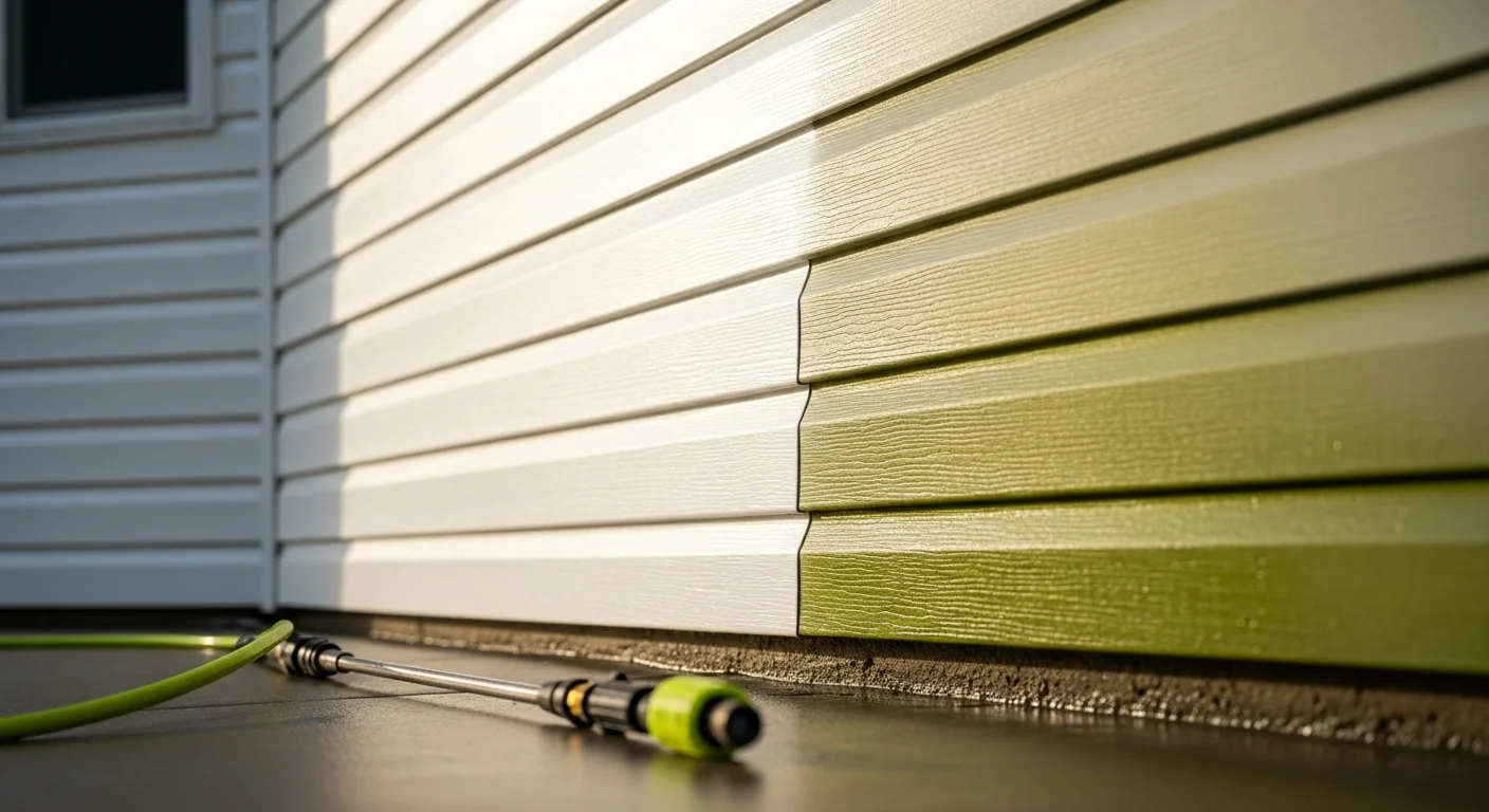 A North Plains, Oregon home with freshly cleaned siding showing no algae streaks or mildew staining on the exterior walls. A technician with soft wash equipment works along the side of the house near a shaded wall.