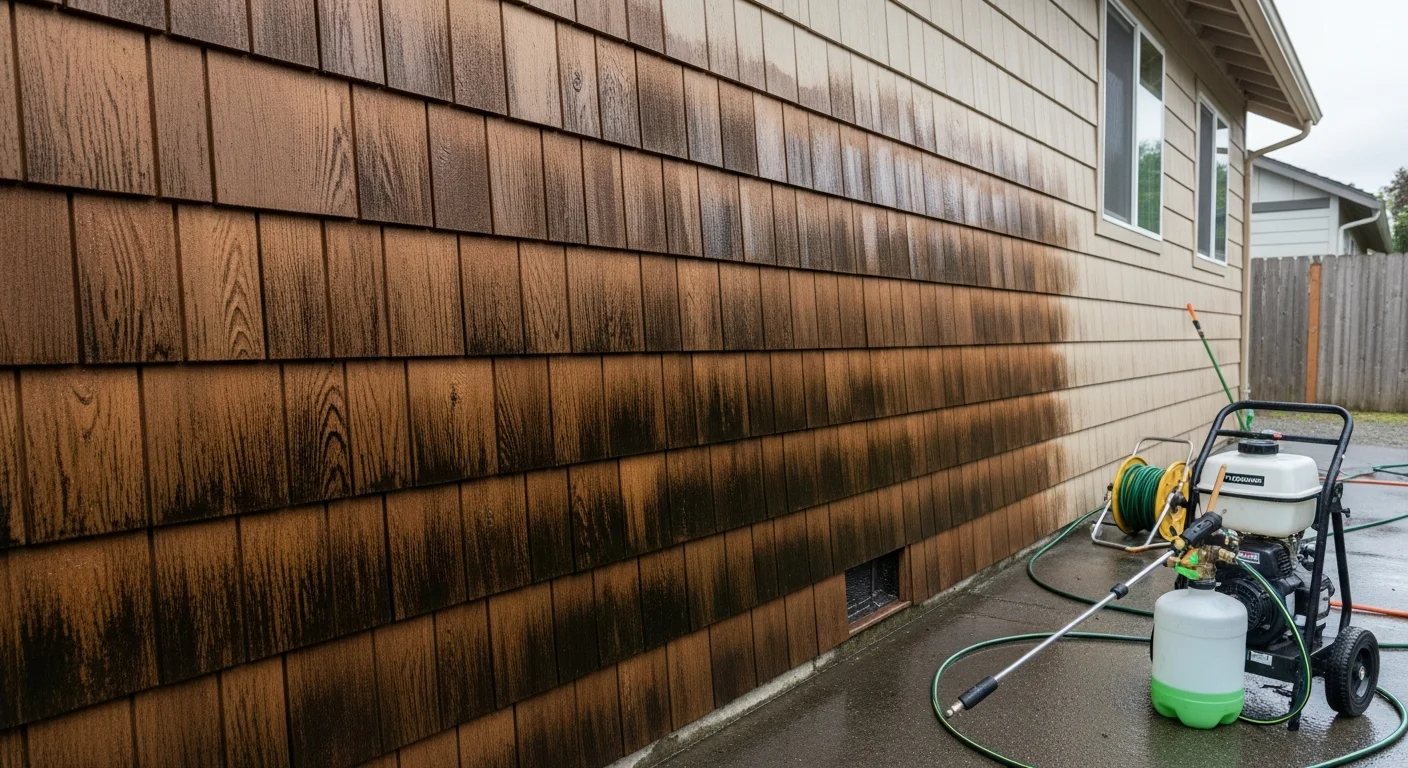 A North Plains, Oregon home exterior showing clean, moss-free siding and a clear roof after professional soft wash cleaning. A technician applies low-pressure solution to the front of the house from ground level.