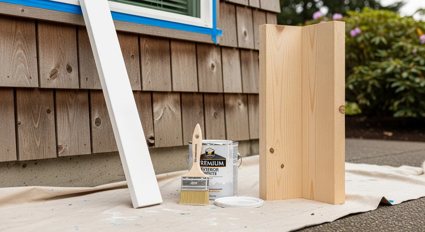 A North Plains, Oregon single-family home with freshly painted white exterior trim around windows and a front door, showing clean paint lines against gray siding. A painter from My Paint Experts applies a second coat to the door casing using a trim brush.