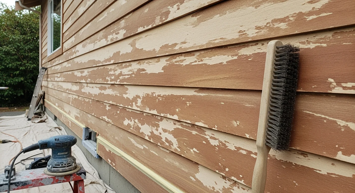 Freshly refinished wood lap siding on a single-family home in North Plains, Oregon, showing clean, even color and no visible peeling or bare spots. A My Paint Experts crew member is visible applying finish to the lower section of the exterior wall.